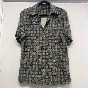 Men's Claiborne Casual Button Down Shirt M Black Beige Silk